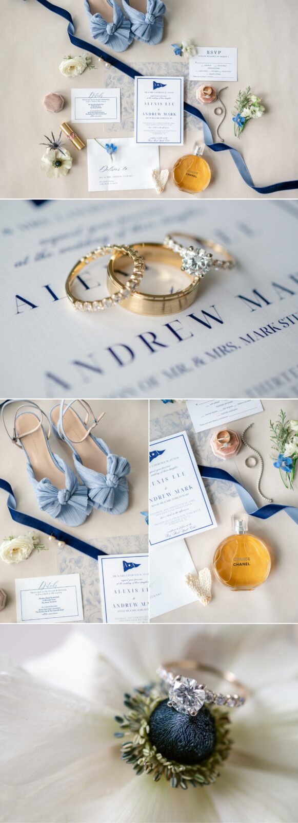 Nautical Wedding day details, channel, anemonies, navy and white.  Wedding rings.