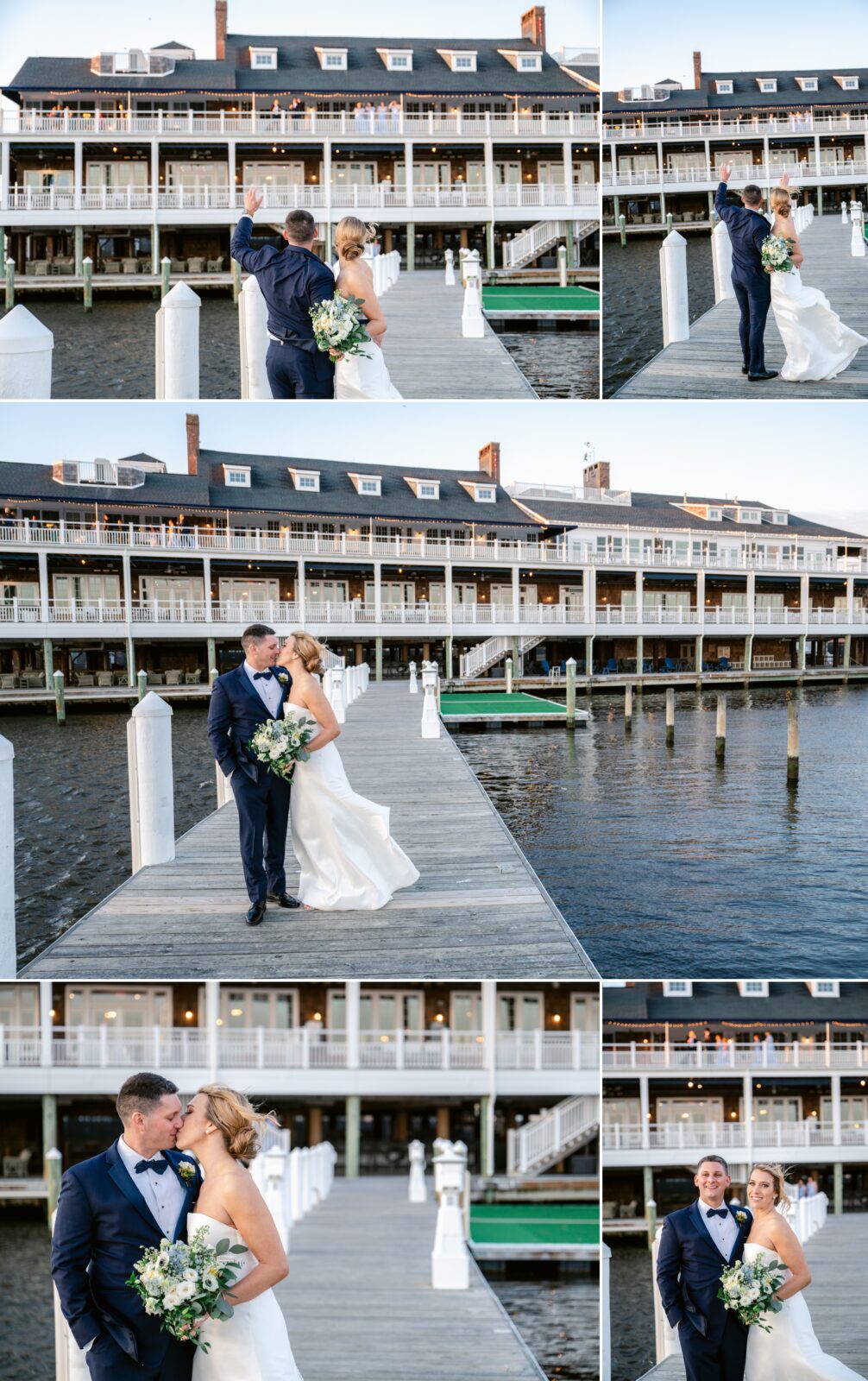 bayhead yacht club bride & groom photos on dock waving to guests