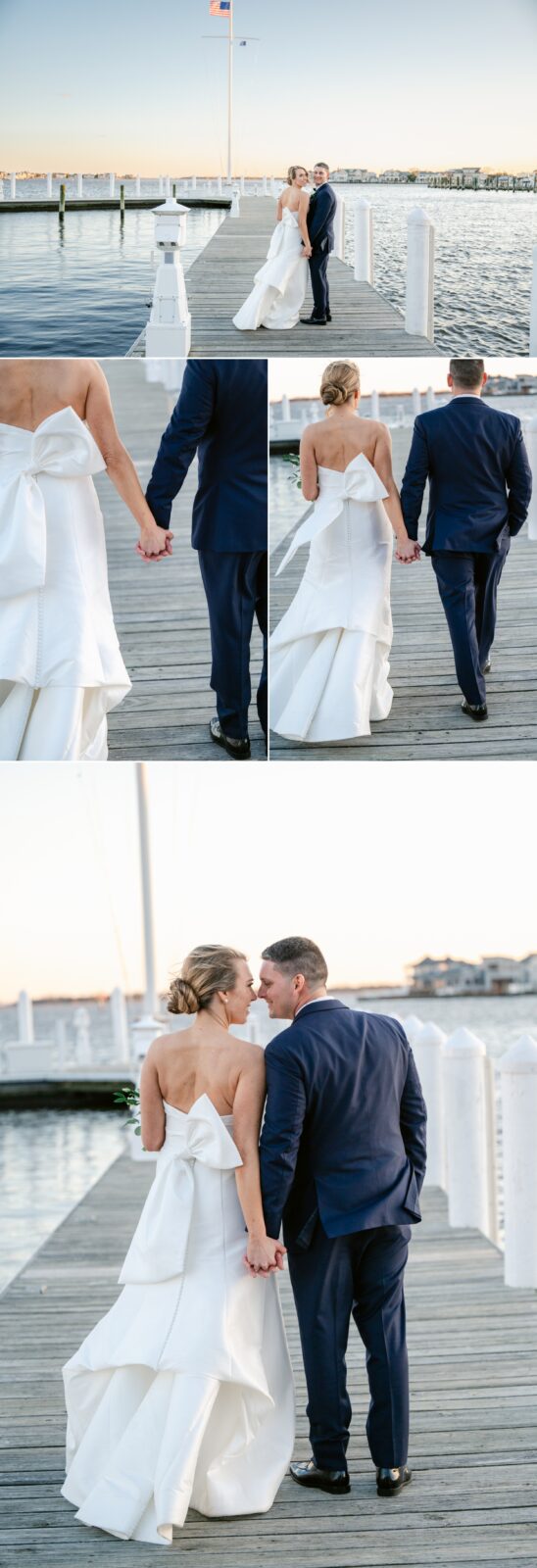 bayhead yacht club bride & groom photos on dock at sunset