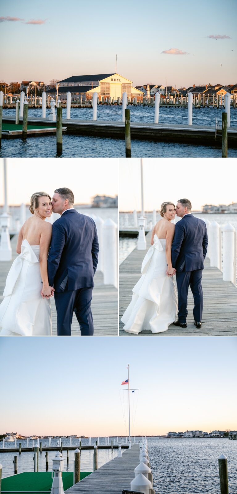 Bride and Groom walking at sunset at the Bayhead Yacht Club in Bayhead, NJ.  